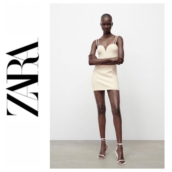 NWT Zara Sweetheart Neckline Double Strap Mini Dress in Ecru, Size Small - Picture 1 of 16